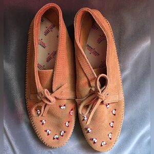 Minnetonka Brown Moccasins with Red and White Beads